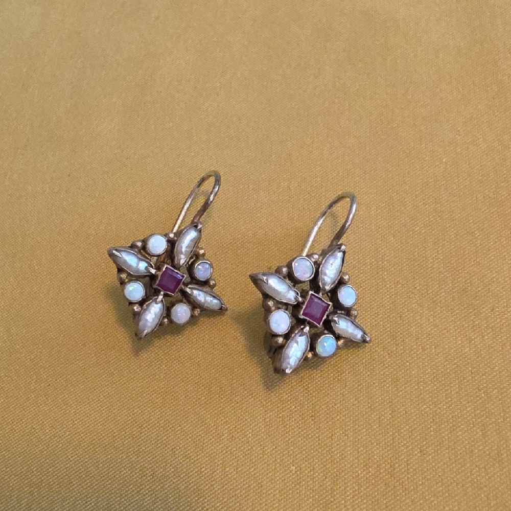Vintage Silver Gold Vermeil Dangle Earrings with Opals, Baroque Pearls, & Garnet